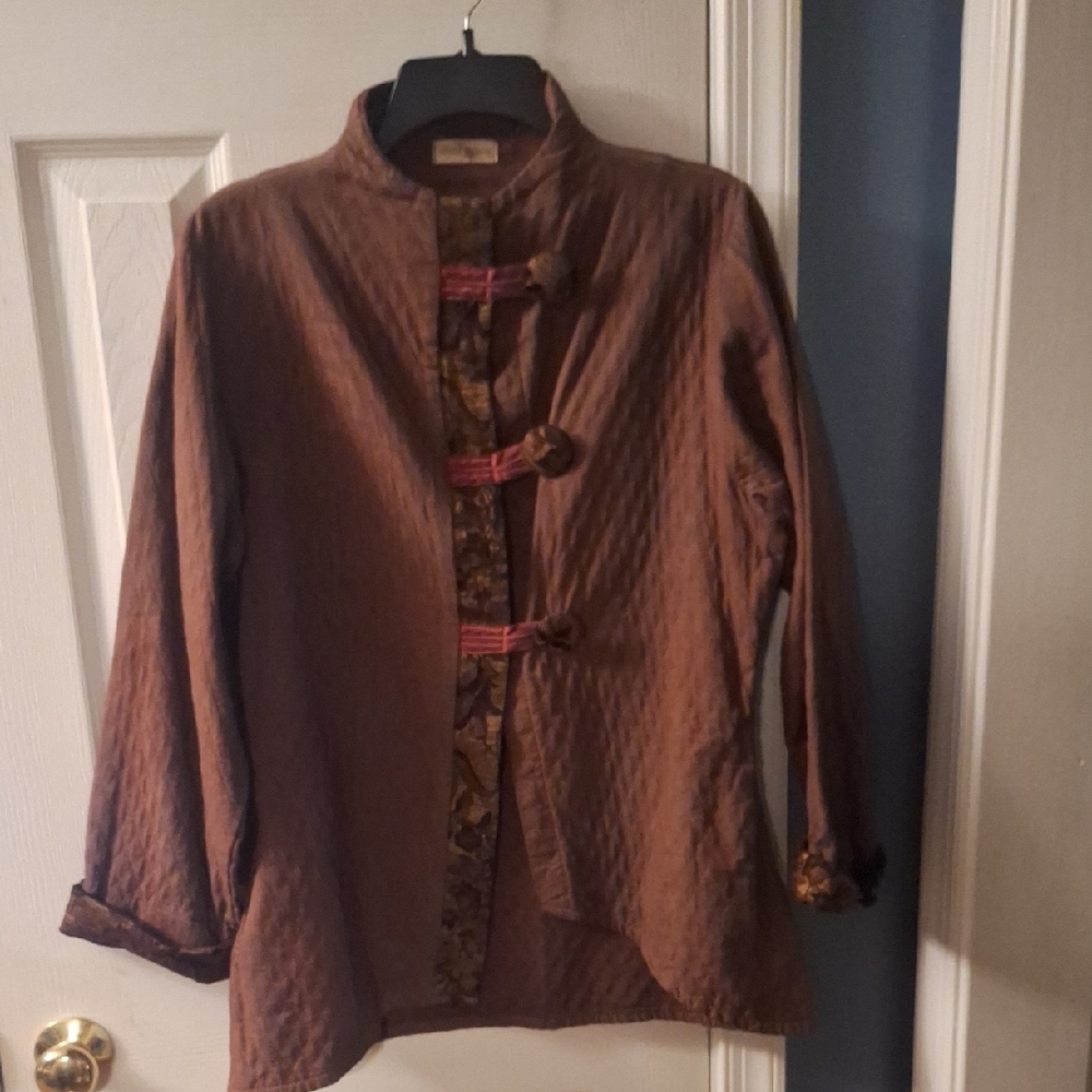Brown Asian-Inspired Jacket with Red Accents**
